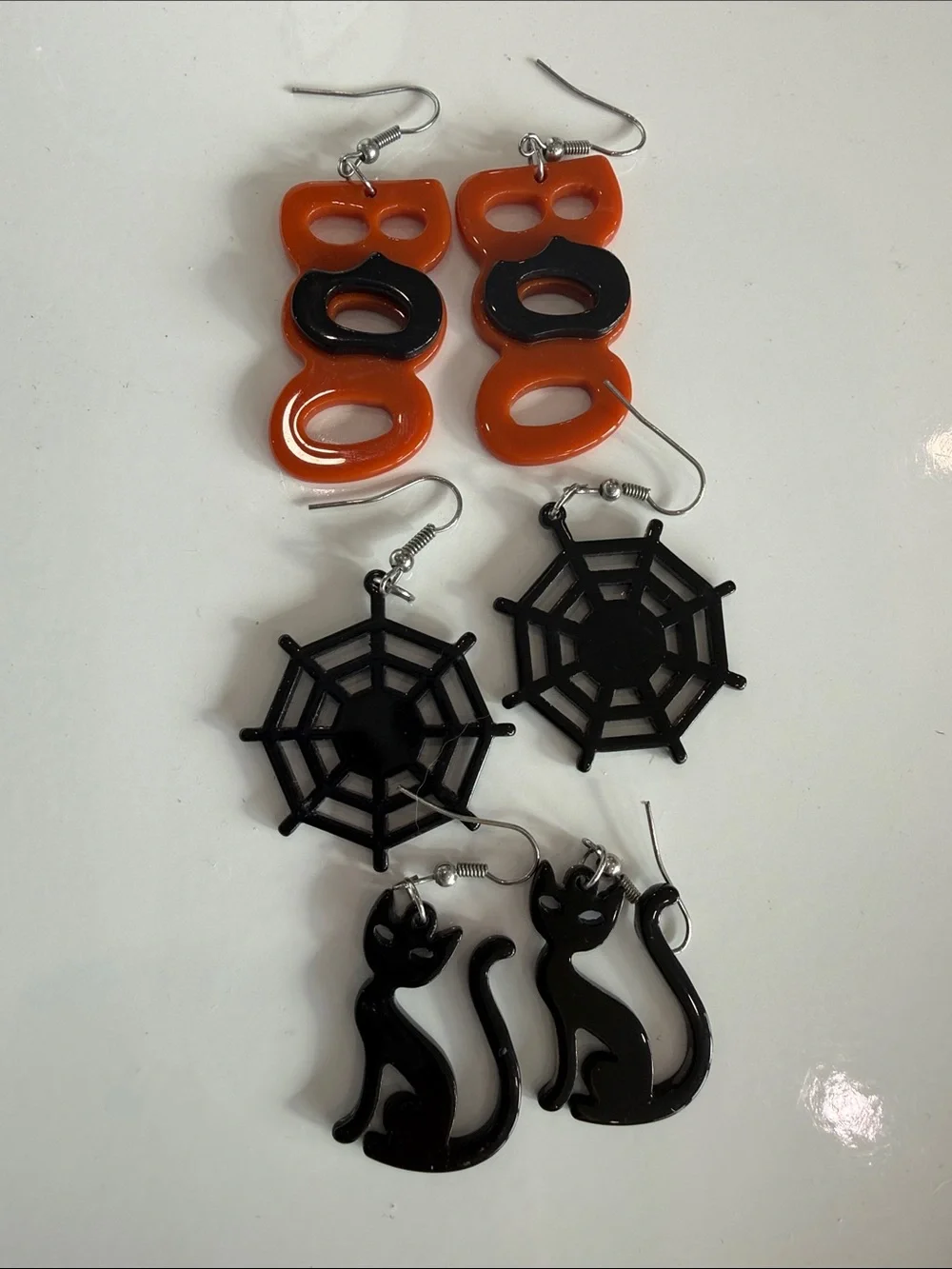 Halloween Cat, Spiderweb & Mask Dangle Earrings - Black & Orange